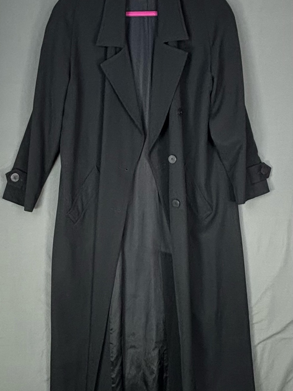 Classic Black Long Trench Coat with Notched Lapel